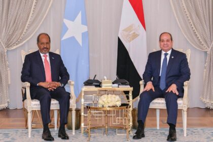 Egyptian President Abdel Fattah Al-Sisi with Somali President Hassan Sheikh Mohamud in the coastal city of New Alamein on Monday