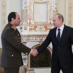 Egyptian army chief Abdel Fattah al-Sisi (left) shakes hands with Russian President Vladimir Putin during their meeting in Novo-Ogaryovo residence, outside Moscow, on 13 February 2014  (AFP File Photo)